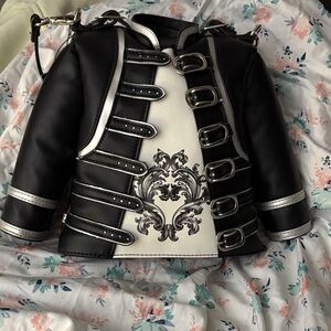 Black and White Faux Leather Bomber Jacket with Buckle Accents
